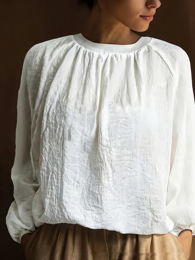 Womens Solid Color Elegant And Minimalist Linen Long Sleeve Top White - Shop at LoveMi