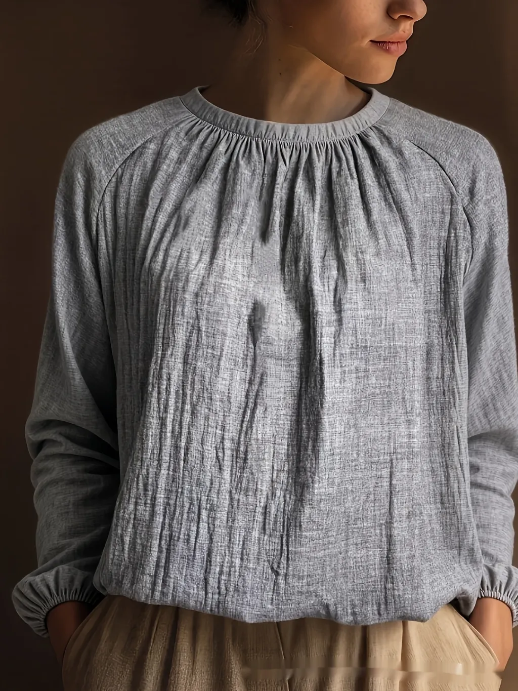 Womens Solid-Color Elegant And Minimalist Linen Long-Sleeve Top - Gray