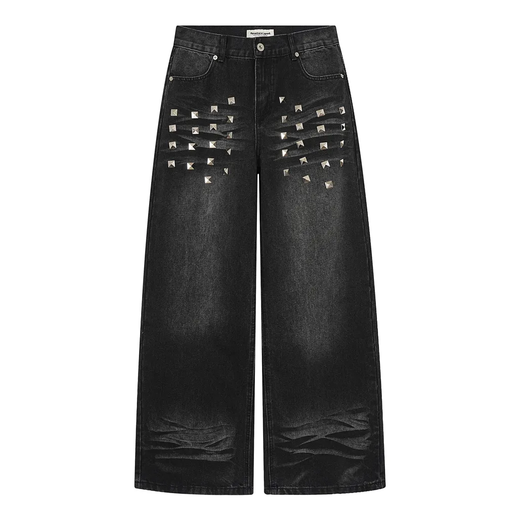 Womens Washed Denim Jeans With American-Style Rivet Design And Cat-Eye Distressed Details - Black