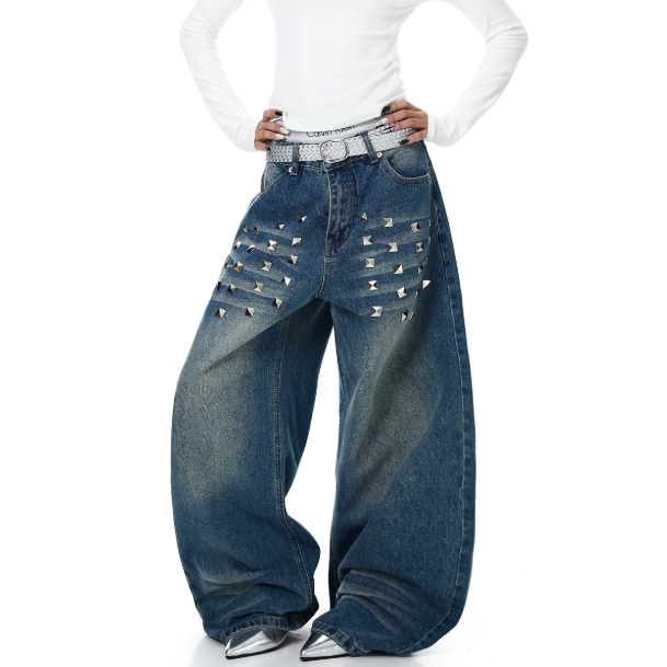 Womens Washed Denim Jeans With American-Style Rivet Design And Cat-Eye Distressed Details