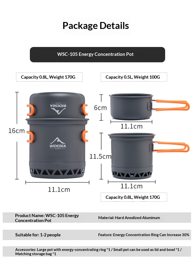 Widesea Outdoor Cookware Set Heat-Collecting Energy-Boosting Camping Cooking Gear
