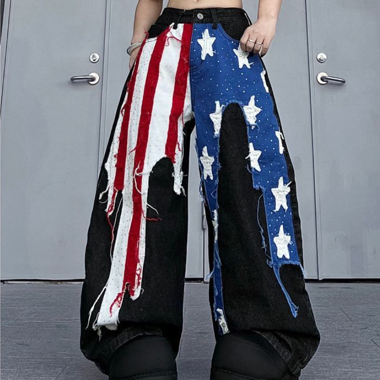 Womens American-style Washed Striped Heat-pressed Patch Jeans