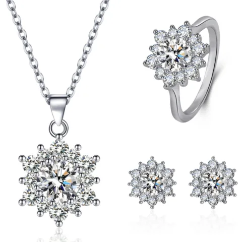Elegant Full-diamond Snowflake Stud Earrings Pendant Necklace and Ring