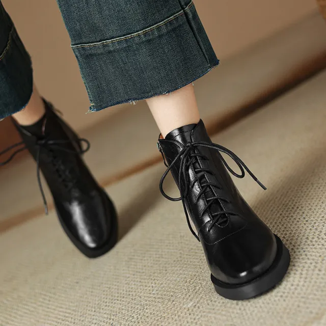 Retro Brown Leather Lace up Boots Black - Shop at LoveMi
