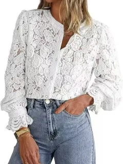 European And American Ladies Fashion Casual Lace Shirt Long Sleeve Button Shirt - White - View 1