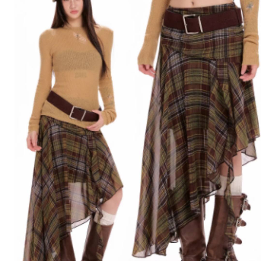 Green Chiffon Plaid Irregular Midi Skirt For Women