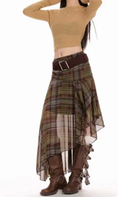 Green Chiffon Plaid Irregular Midi Skirt For Women - Green - View 1
