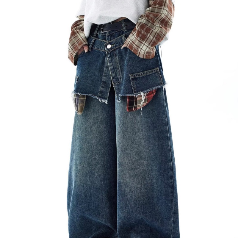 American-style Retro Faux Two-piece Plaid Patchwork Jeans