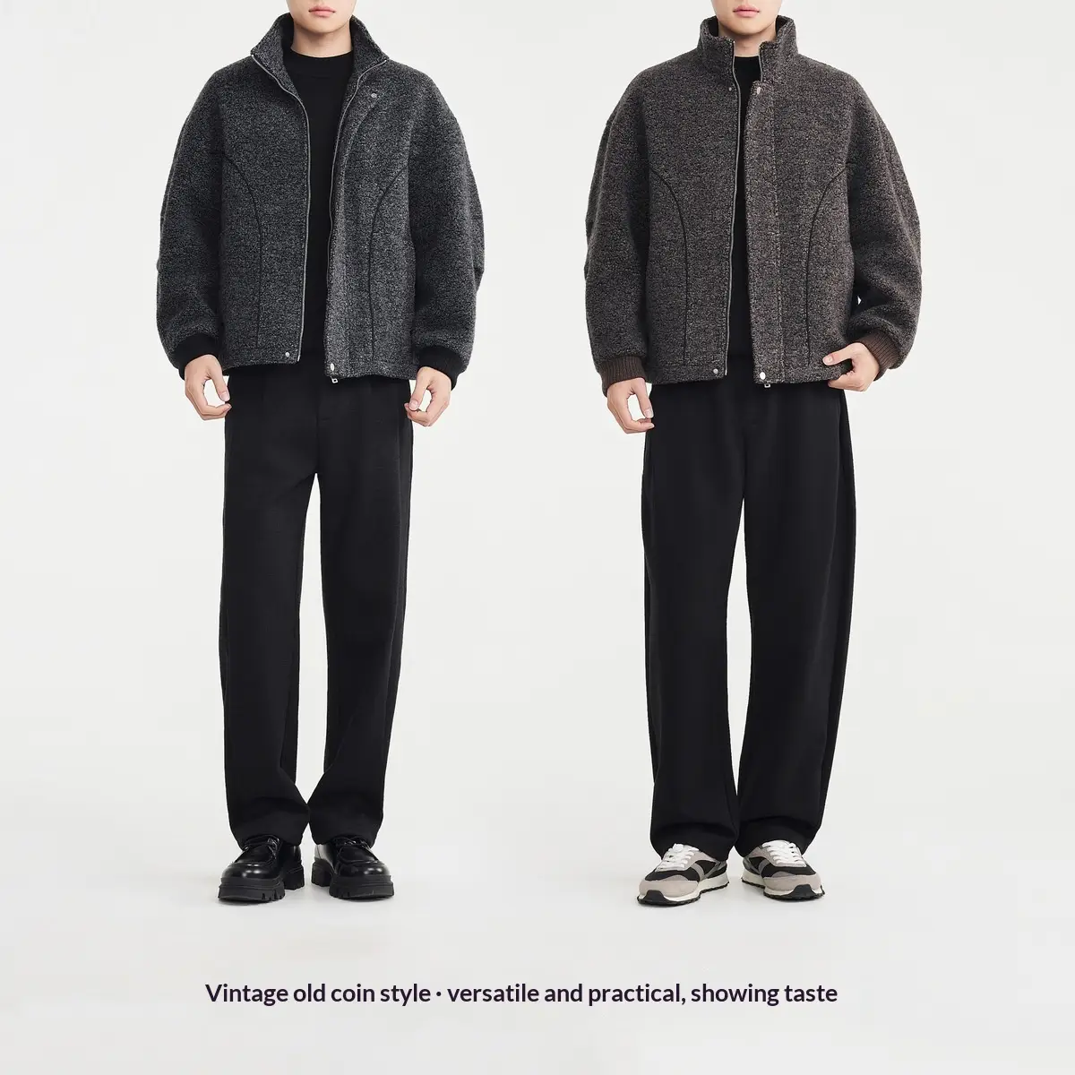 Mens Mixed-Color Wool Circle-Weave Overcoat With A Stand-Up Collar