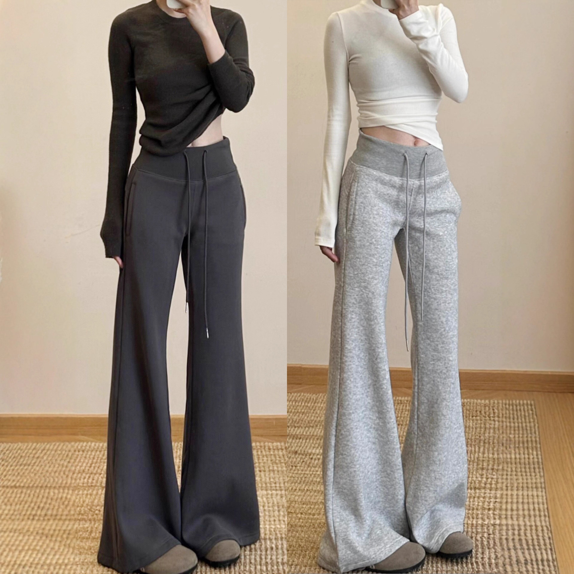 Dark Gray Flared Pants Womens High-Waisted Casual Sport Pants