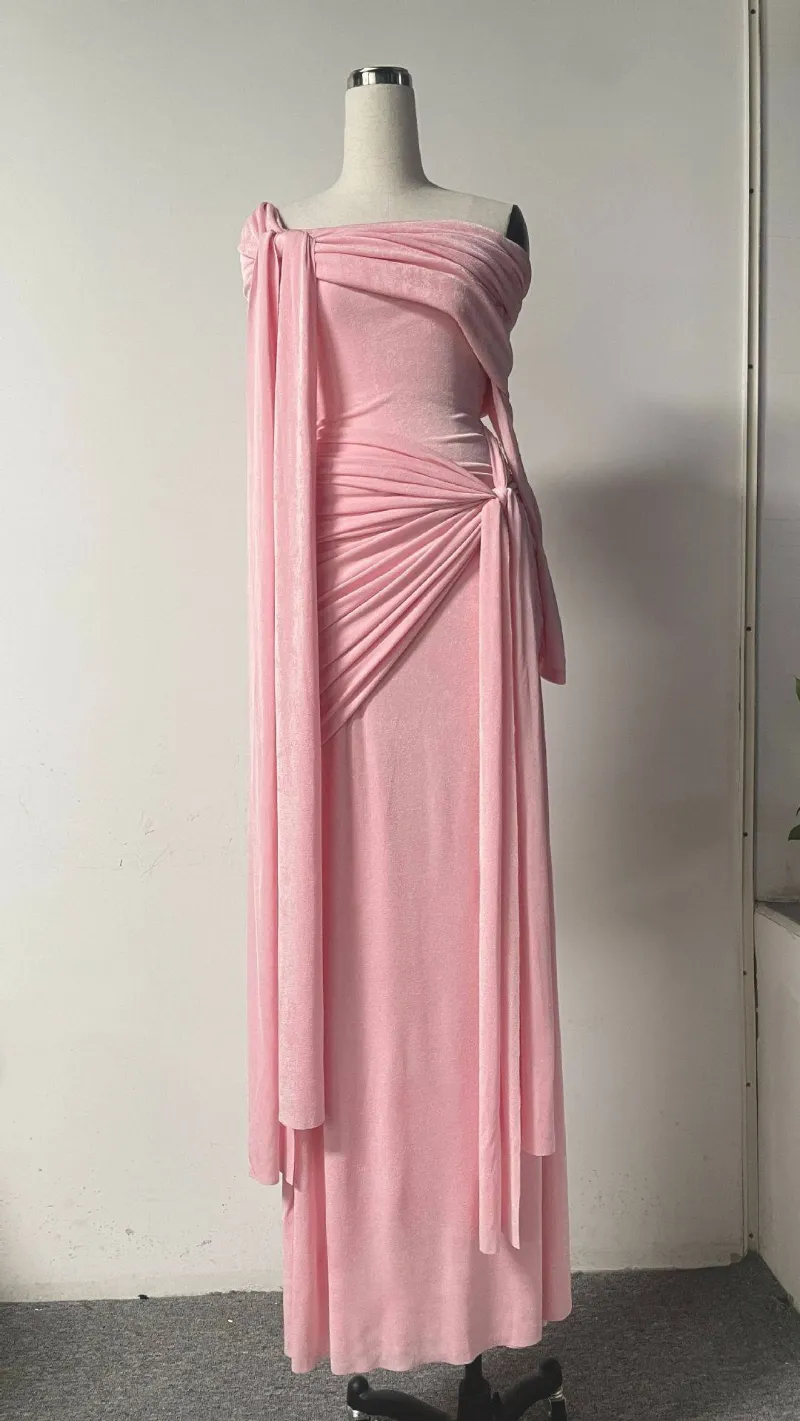 Rare Flowy Yellow Spliced Off-shoulder Dress With Irregular Pleats And Draped Shoulder Detailing - Pink
