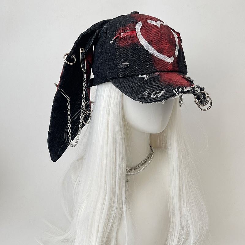 Rabbit-ear Cap With A Snapback Brim Denim-washed With Graffiti Design