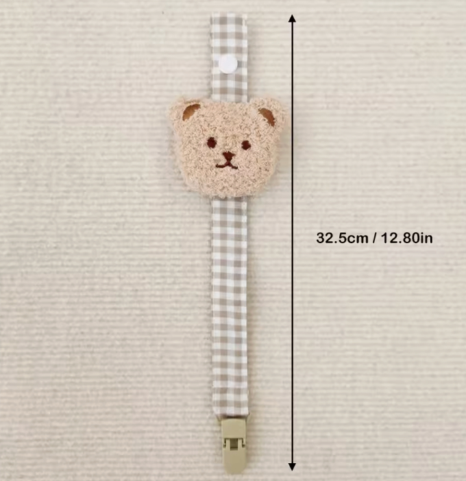 Plaid Baby Pacifier Clip With A Little Bear Head Design