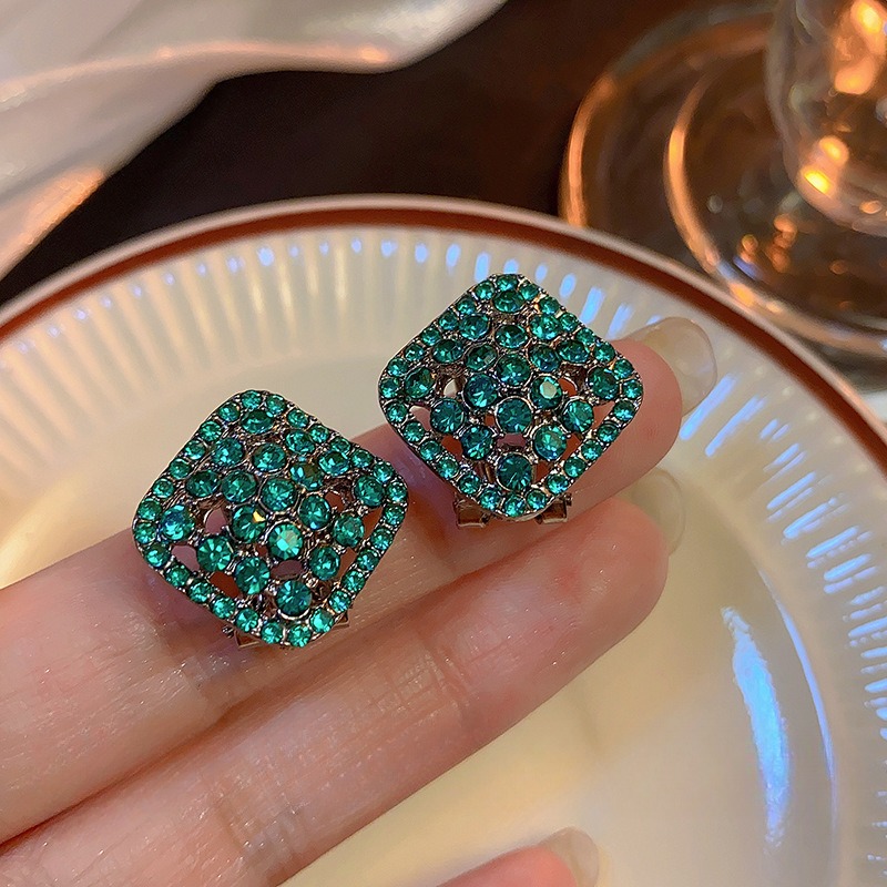 Green Fully Paved Hollow-out Crystal Square Stud Earrings