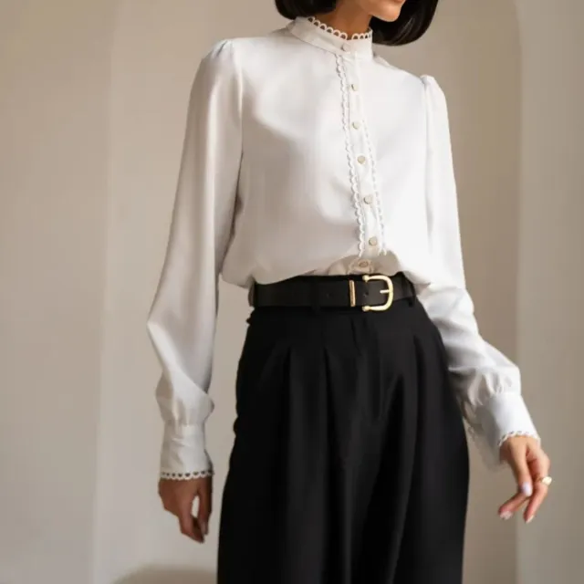 Womens Designer White Lace Long Sleeve Blouse With Embellished Edges White - Shop at LoveMi