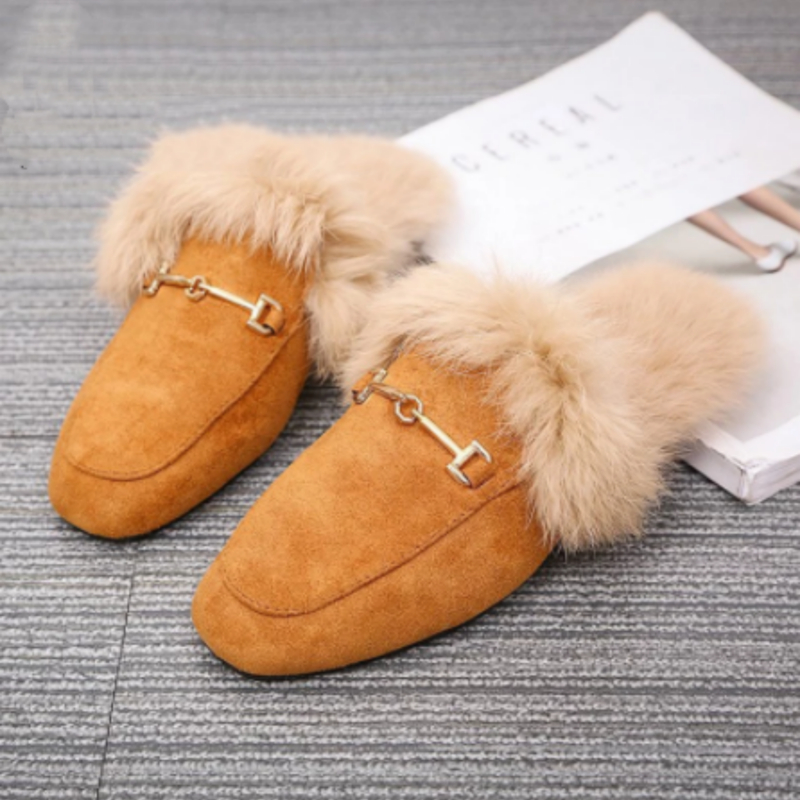 Rabbit Fur Suede Semi Leather Ball Flat Bottom Velvet Slippers