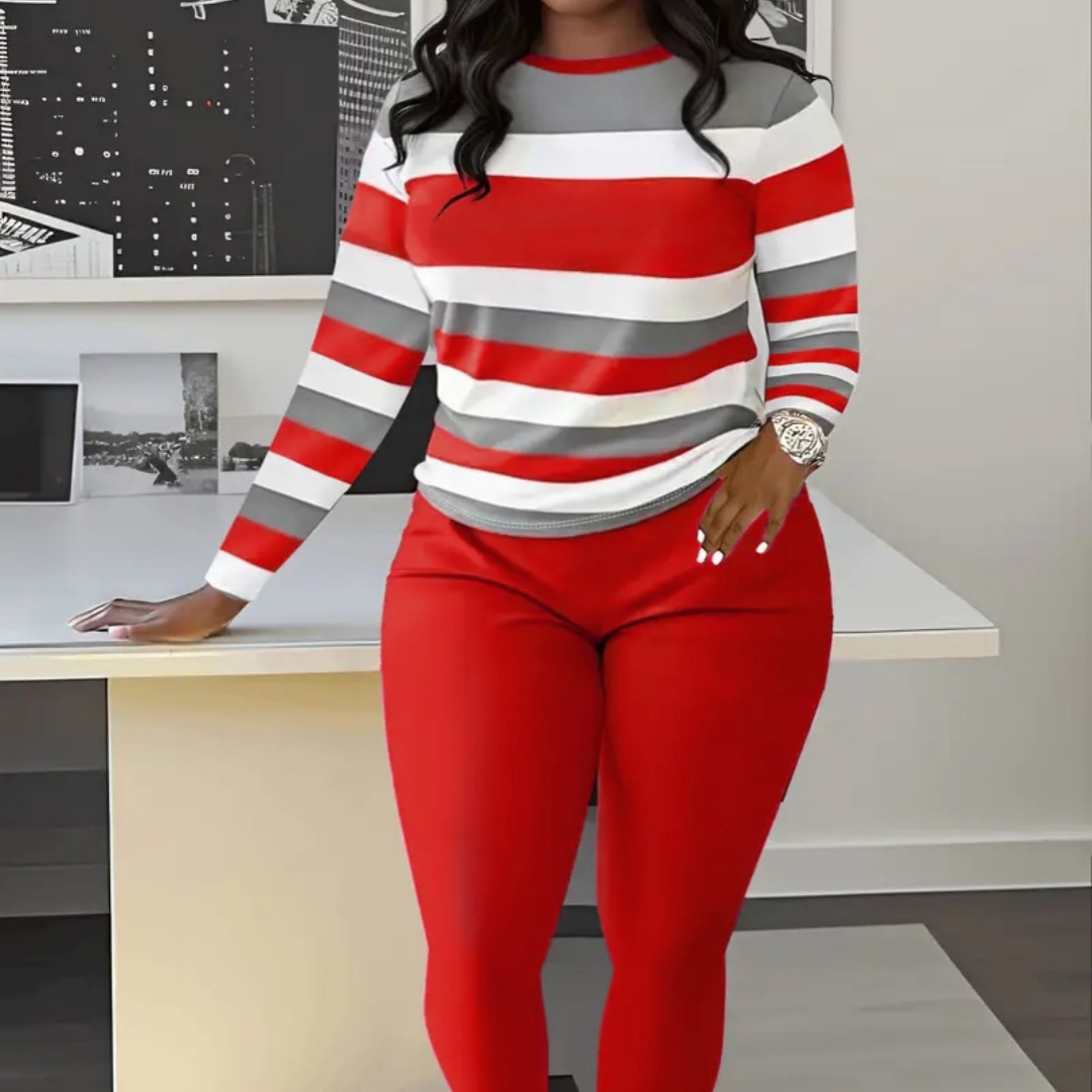 Stylish Striped Print Crew-neck Long-sleeve Pants Set - Image 1