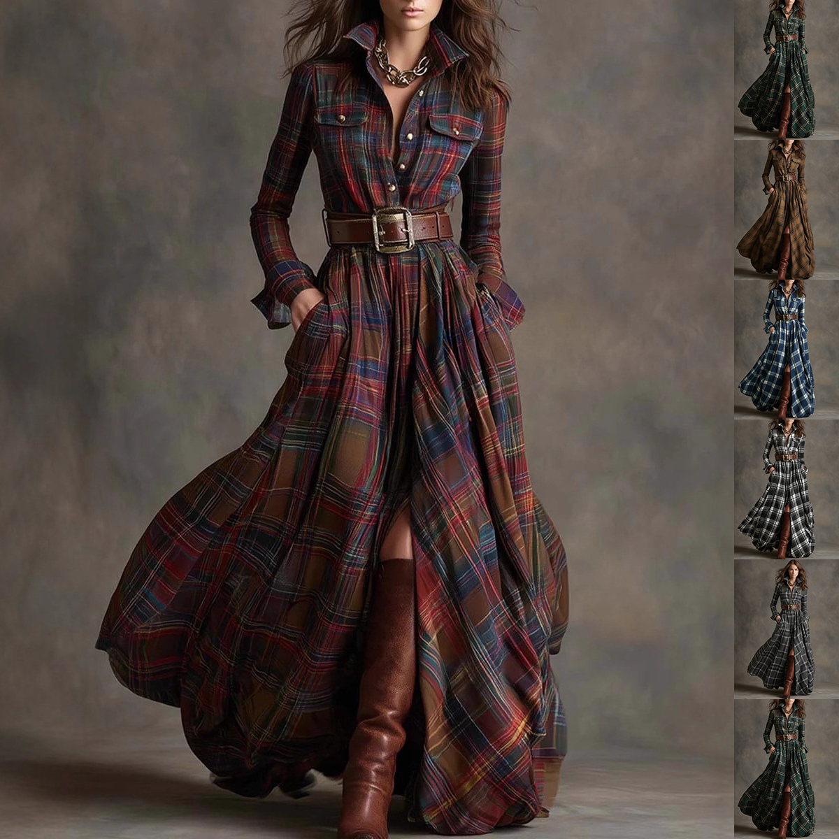 Ins Plaid Print Long-Sleeved Dress Fashion Pockets Collared Buttons Shirt Long Dresses Retro Women's Clothing - Image 14