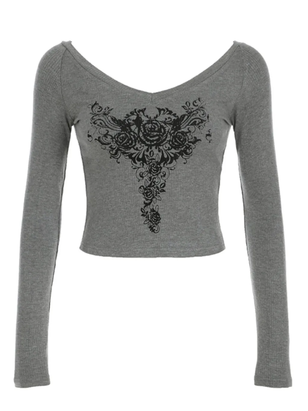 Printed Contrast-Color V-Neck Knitted Cropped Slim-Fit Long-Sleeve Top - Gray