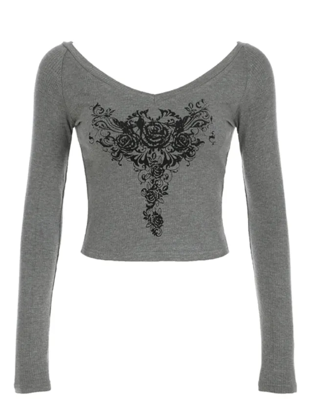 Printed Contrast Color V Neck Knitted Cropped Slim Fit Long Sleeve Top Gray - Shop at LoveMi