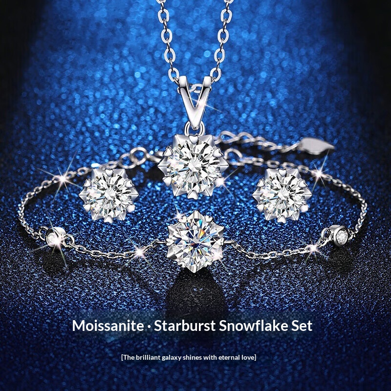Sterling Silver Snowflake Moissanite Necklace Set For Women