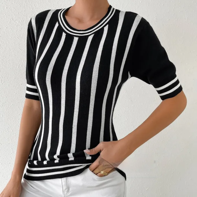 SpringSummer New Womens Striped Short-Sleeve Fashion Top Knit Sweater - Black