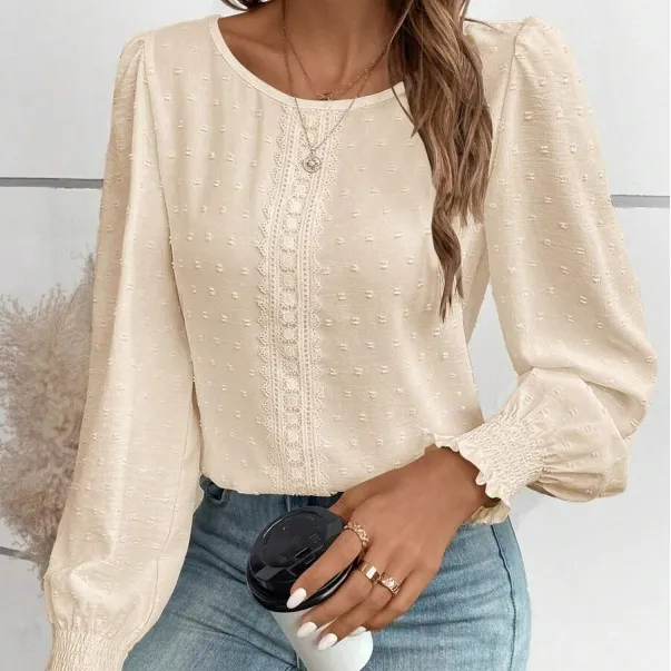 Womens Casual Top With Dotted Lace Trim And Lantern Sleeves Apricot - Shop at LoveMi