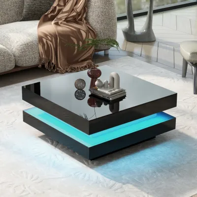 White Square High Gloss Coffee Table With 360 Rotating Top, Tea Table With 16-Color LED Light, 70x70x36 Cm