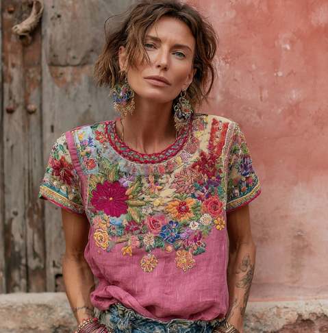 Womens Retro Printed Patchwork Crew-Neck Top - Image 4