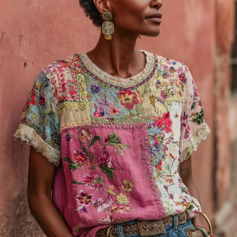 Womens Retro Printed Patchwork Crew-Neck Top - Image 7