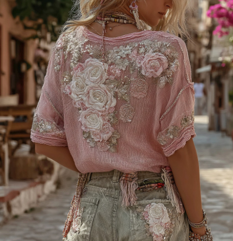 Womens Retro Printed Patchwork Crew-Neck Top - Image 6