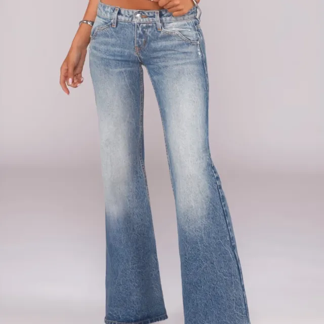 Flared Denim Jeans With A Retro Y2K Vibe Featuring A Washed And Distressed Finish For A Cool Edgy Look Blue - Shop at LoveMi