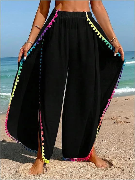 Colorful Tassel-patched Loose Asymmetrical Beach Pants - Black