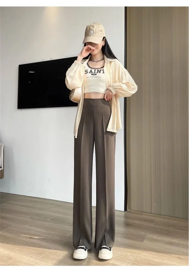 Womens High Waisted Straight Pants With Side Zipper Wheat Chestnut M - Shop at LoveMi