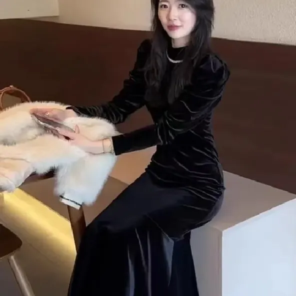 New Base layer French style Chic Korean Velvet Dress Black - Shop at LoveMi