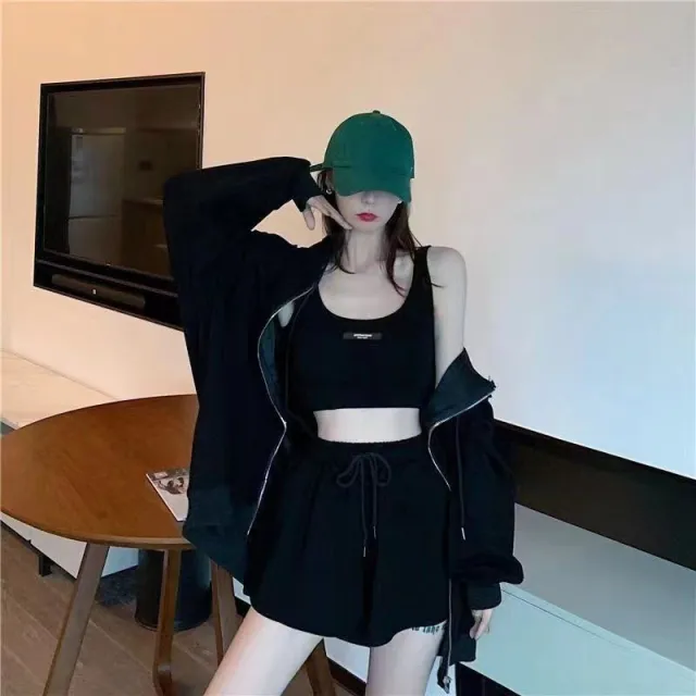 Womens Stylish Winter Zip Up Hoodie Pants And Vest Set Black - Shop at LoveMi