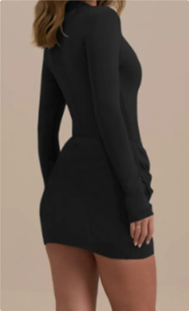 Pleated Half turtleneck All match Long sleeved Dress Black - Shop at LoveMi