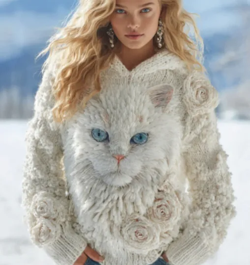 Printed Crewneck Chunky knit Casual Hoodie White - Shop at LoveMi