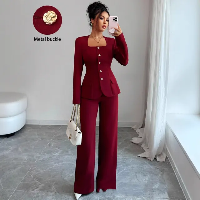 Defined Waistline Long Sleeve Top And Wide Leg Pants Two Piece Pants Set Red - Shop at LoveMi