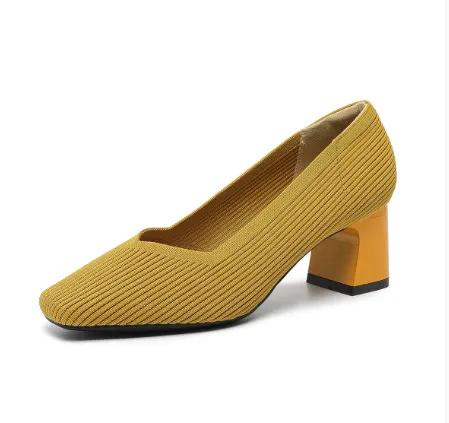 Rough Heeled Square Toe High Heels For Women Yellow - Shop at LoveMi