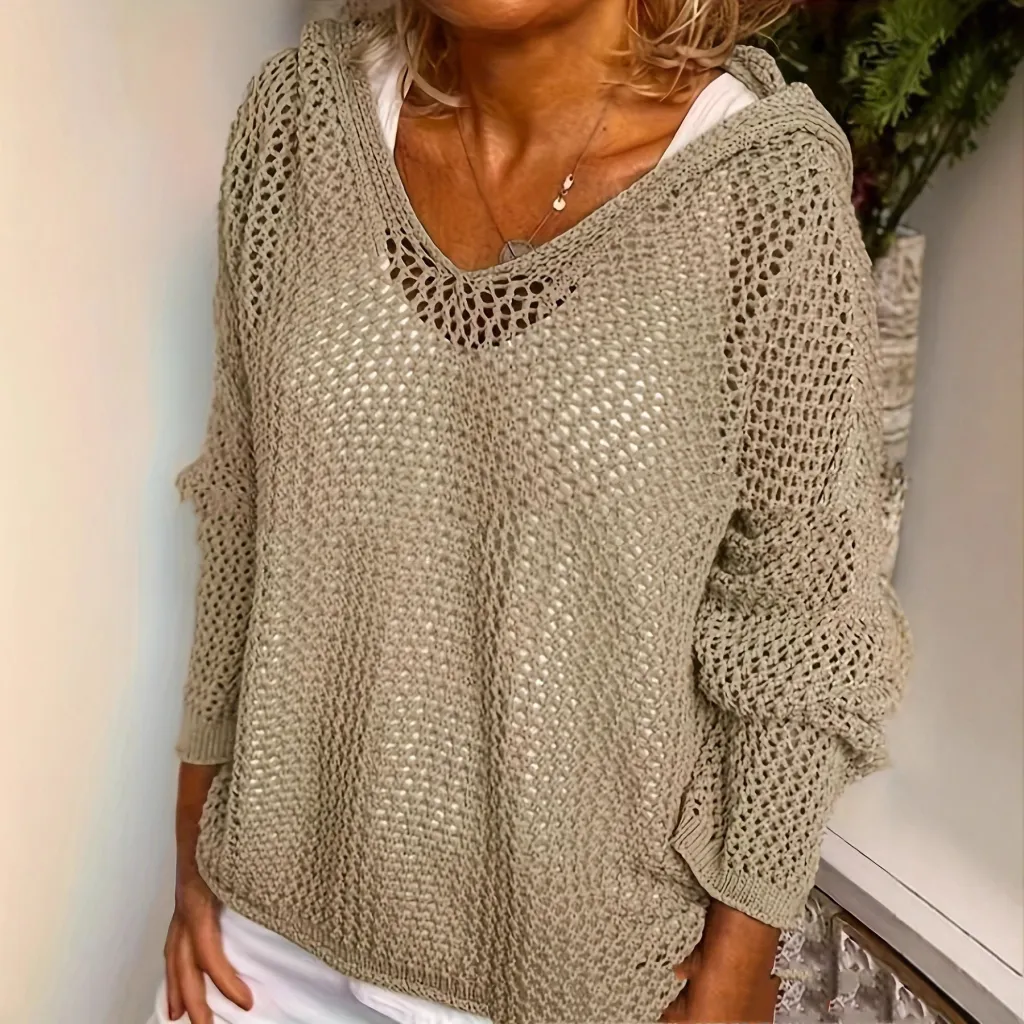 Elegant And Versatile Long-sleeve Hollow-out Hoodie - Camel