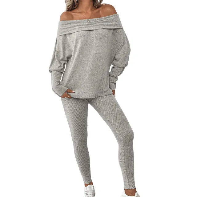 Stylish Casual Lace up Off shoulder Athletic Pants With Matching Long Top Gray - Shop at LoveMi