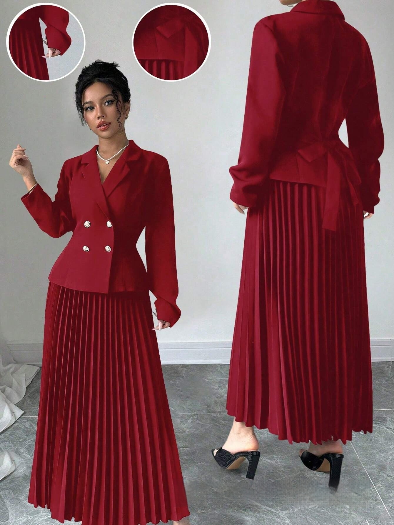Womens Double Breasted Top And Pleated Skirt Set Red - Shop at LoveMi