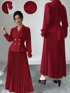 Womens Double-Breasted Top And Pleated Skirt Set - Red - View 1