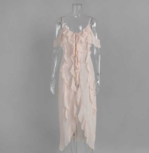 White Chiffon V neck Flounce Off the shoulder Sling Dress Pink - Shop at LoveMi