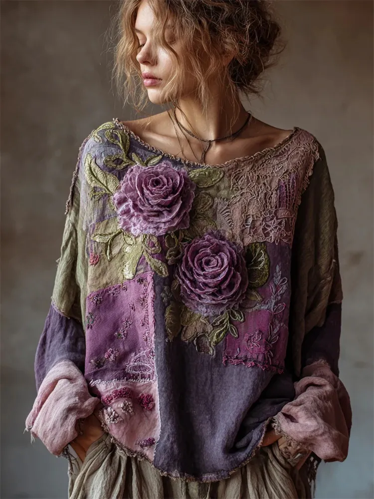 Printed Women's Round Neck Long Sleeve Vintage Bohemian Top - 1 Style-Xl
