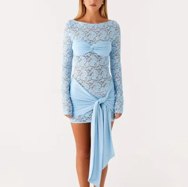 Womens Fashionable Round Neck Lace Patchwork Long Sleeve Dress Blue - Shop at LoveMi