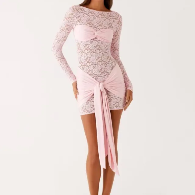 Womens Fashionable Round Neck Lace Patchwork Long Sleeve Dress Pink - Shop at LoveMi