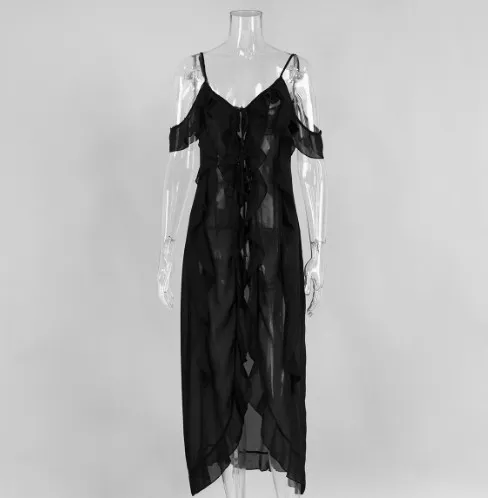 White Chiffon V neck Flounce Off the shoulder Sling Dress Black - Shop at LoveMi