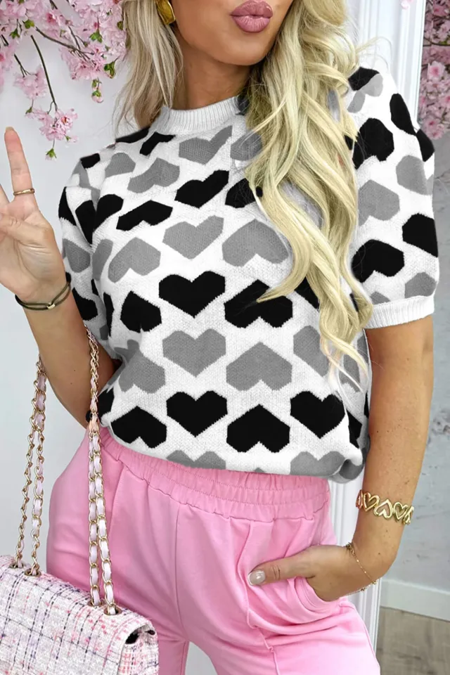 Valentines Day Crew Neck Short Sleeve Sweater With A Two Tone Heart Print Black - Shop at LoveMi